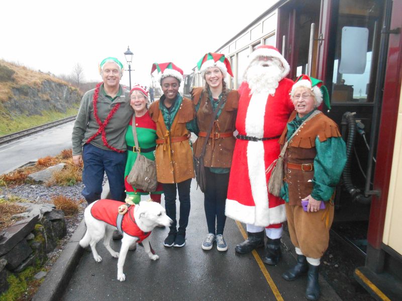 Festive WHR crew at Rhyd Ddu - about one third of the total train complement. It's good to see Tom pulled out all the stops with his outfit.brPhotographer Sue BaxterbrDate taken 23122017
