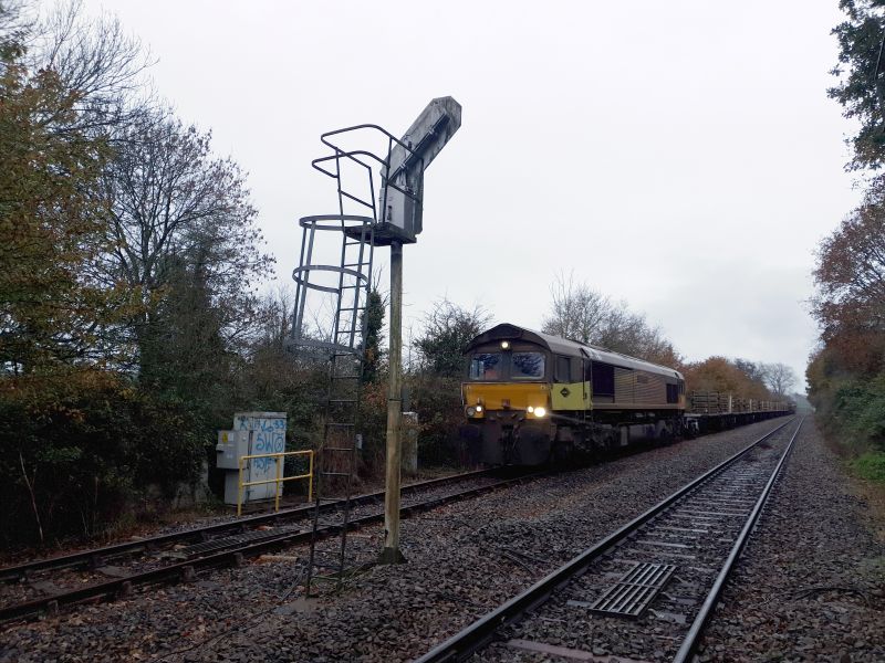 66850 'David Maidment' with the returning LWR train at Crediton CN3 signal.brPhotographer Alan PetersbrDate taken 22112020