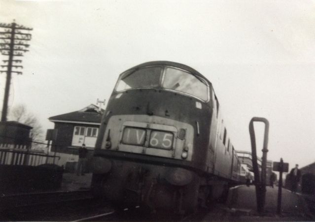 The last Down Brighton Sat 4 March 1967.  D868 Zephyr waits time at Okehampton with the last 1012 Brighton to Plymouth 1V65,   formed of 9 BR MK1 coaches including a Buffet car, in a mixture of SR Green and the then new BR Inter City BlueGrey livery. Note the water crane still in situ. 4 March 1967 was also the date that the 0110 Waterloo to Plymouth Passenger  News,  1040 Plymouth to Brighton and 1650 Plymouth to Eastleigh ran for the last time, thus ending regular loco hauled services on the former Southern Exeter to Plymouth main line.brPhotographer Tony HillbrDate taken 04031967
