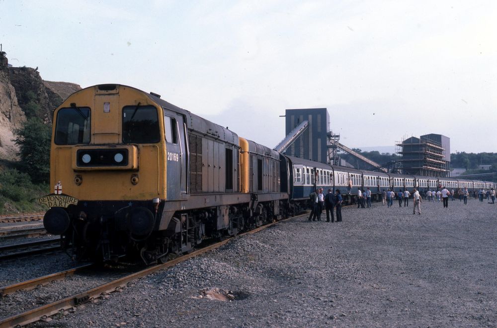 Class 20s 20169 and 20184 at Meldon Quarry with Fielding  WattsPathfinder's 'Devonshire Dart' railtour.brPhotographer Chris MilnerbrDate taken 08071984