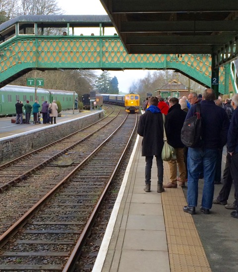 A good crowd awaiting the arrival of 33103 'Swordfish' on Okehampton's platform 3