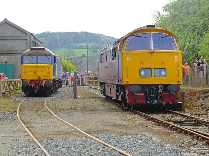 Busy scene at Meldon. New DR traction Class 47 47828, and visiting railtour locomotive D1015 Western Champion.