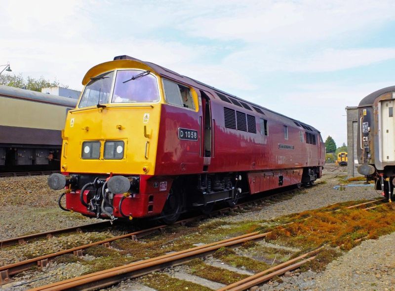 The railtour locomotive, D1015 Western Champion (whatever the plates say) running round its train in Meldon yard.