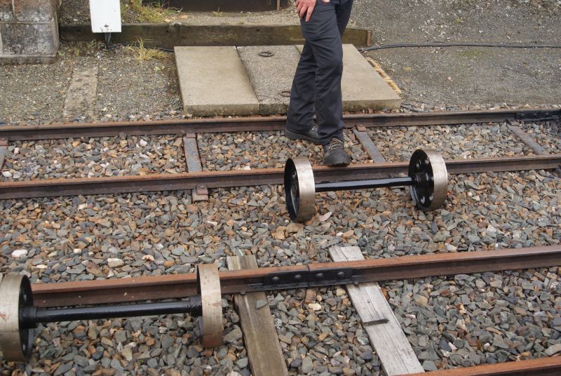 Demonstration of conicity using flangeless wheelsets. The LH one has parallel sided wheels, and wanders off the track. The RH one has a conic section profile, which confers directional stability. It rolled to the end of the track and back without derailing, without needing flanges.brPhotographer Jon KelseybrDate taken 11052016