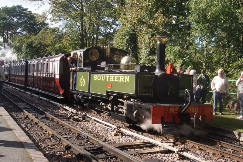 'Lyd', the Manning Wardle replica built at Boston Lodge on the Festiniog Railway, arriving at Woody Bay with the LBR's heritage coaches. What other preserved railway with a discontinuous history can run such an authentic trainbrPhotographer Jon KelseybrDate taken 25092016