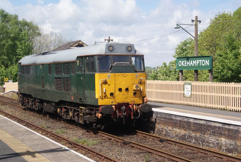 31452, the only class 31 currently in main line service, arriving at Okehampton to collect the rail grinder.