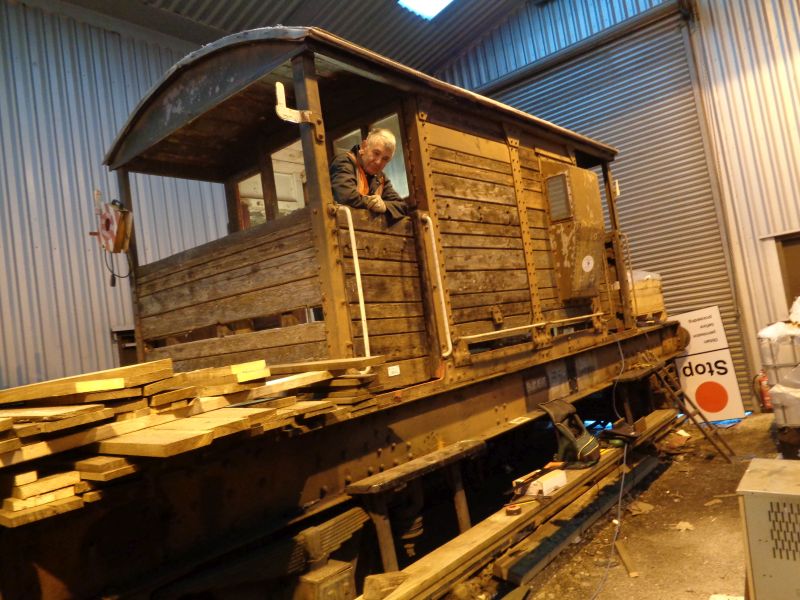 John Davis contemplating the remaining stack of timber for work on the brake van still to to be done.brPhotographer David BellbrDate taken 25012018