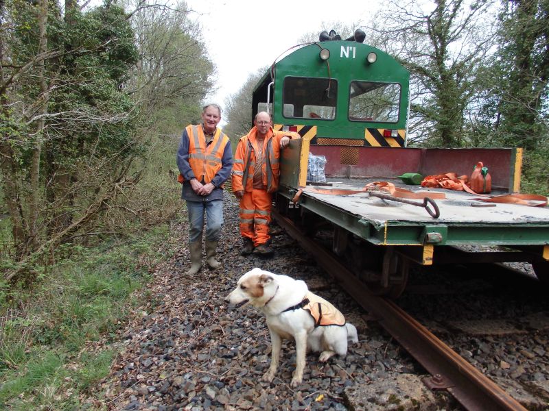 Andy Turner, Alan Cocker, Rosie and the Wickham at Crook Bridge no. 589 on fence replacement working party.brPhotographer Tom BaxterbrDate taken 28042018