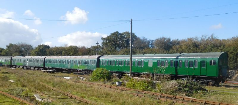 The three Thumper cars left to right, the un-worked on power car, the unused centre car and the newly repainted driving trailer. 3 shades of greenbrPhotographer Geoff HornerbrDate taken 19102018