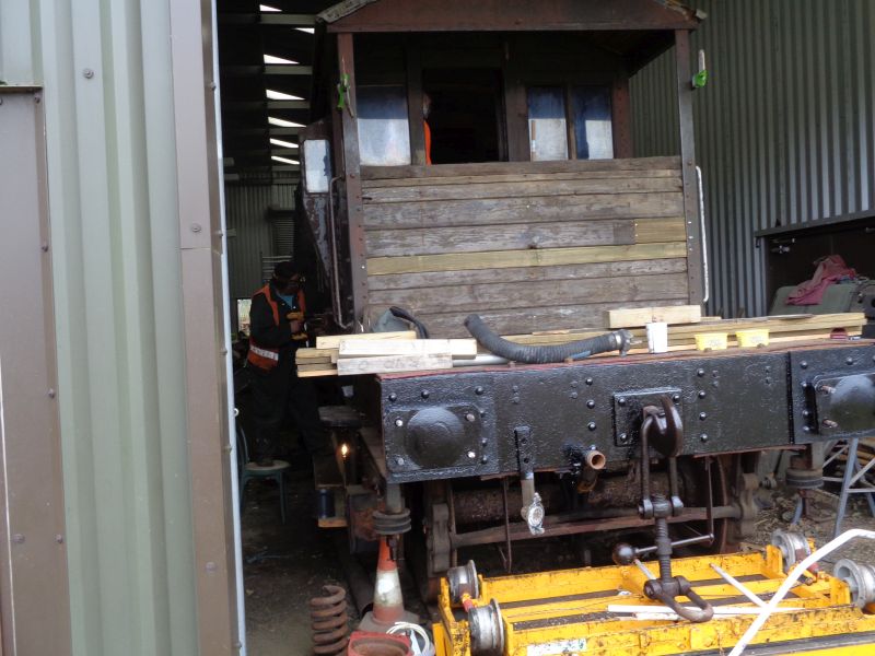 The headstock of the SR brakevan ready for the buffers to be fitted. More rusted-in bolts being drilled out in the background.brPhotographer David BellbrDate taken 25102018