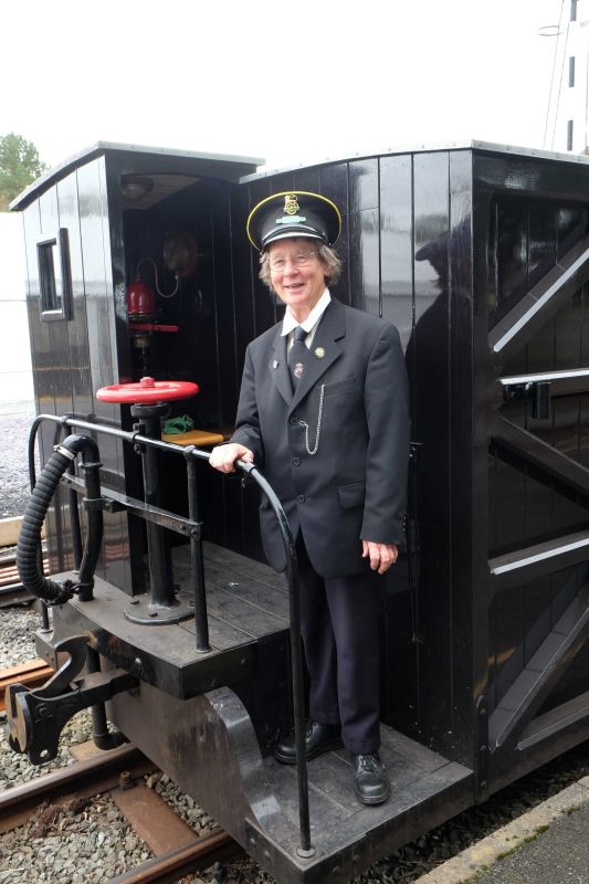 DR guard Sue Baxter on replica Festiniog Railway 'sentrybox' brakevan at the Welsh Highland Railway 'Superpower' event.brPhotographer John Ellis WilliamsbrDate taken 16092018