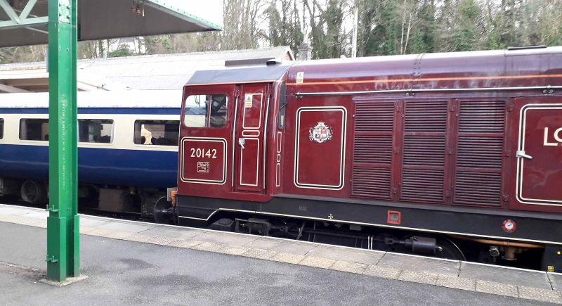 Class 20 20142 'Sir John Betjeman' at Okehampton station after delivering the railgrinder.brPhotographer Paul MartinbrDate taken 09012019