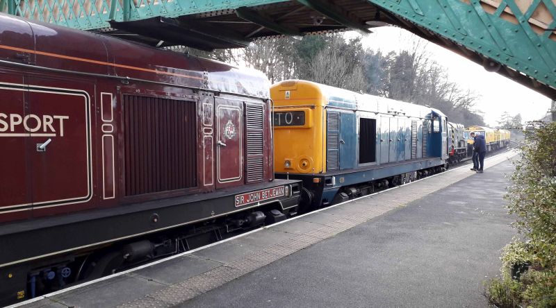 Class 20s 20142 and 20189 at Okehampton station, with the railgrinder in the background.brPhotographer Paul MartinbrDate taken 09012019