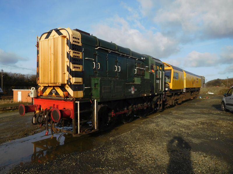 One car of the rail grinder, having been dragged to Meldon to await a low loader to take it to the Laira wheel lathe.brPhotographer Geoff HornerbrDate taken 17012019