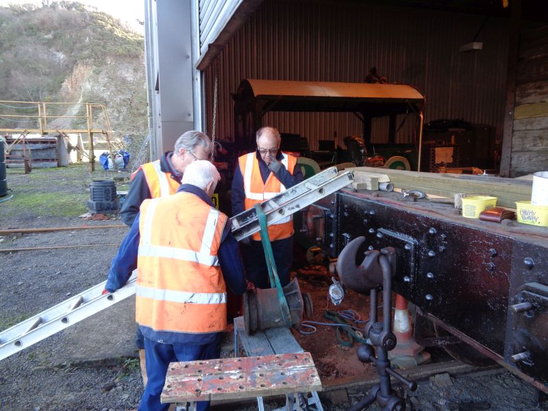 The team prepare for the heavy lift. The buffer had to be lifted and rested on built up supports in stages due to the weight and risk of slipping.brPhotographer David BellbrDate taken 17012019