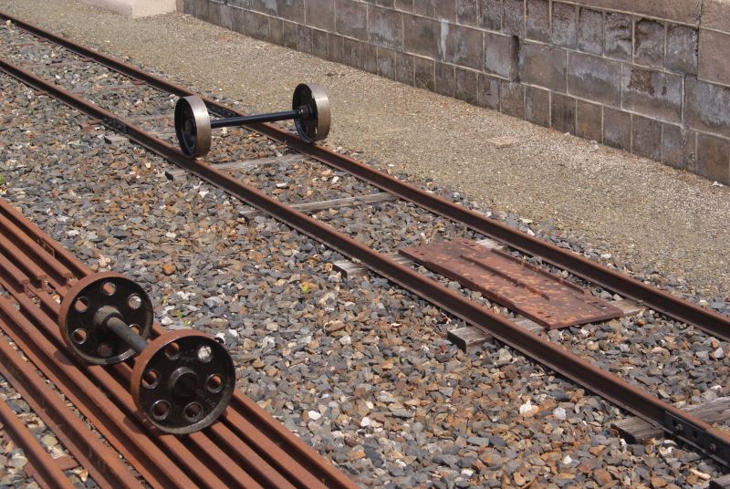 Colin Burges' party piece is a demonstration of the effect of wheel conicity. The wheelset on the track has a conical taper of 3 degrees, or about 1 in 20. It rolls along the track and back, constantly correcting its position, never derailing despite the absence of a flange. The wheelset in the foreground is cylindrical, i.e. without taper or conicity, and in the same trial wanders off the track at the first opportunity.brPhotographer Jon KelseybrDate taken 15052019