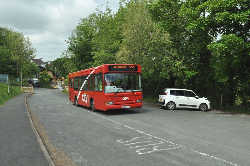 Plymouth Citybus service 279 arriving at Okehampton Station with the 0945 departure from Callington New Road. We think the bus is an ADL Dennis Dart SLF. brPhotographer David HuntbrDate taken 19052019