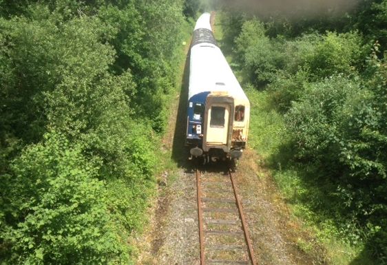 The leading vehicle DTSO DB977335 aka 'The Rocket' of five being propelled from Coleford to Meldon Viaduct Stn by loco 31452 near Sampford Courtenay brPhotographer Tony HillbrDate taken 08062019