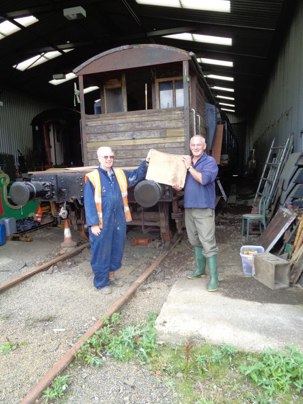 Tony Hill right and Geoff Horner with a sample of the oak for the remounting of the brake van buffers.brPhotographer David BellbrDate taken 05092019