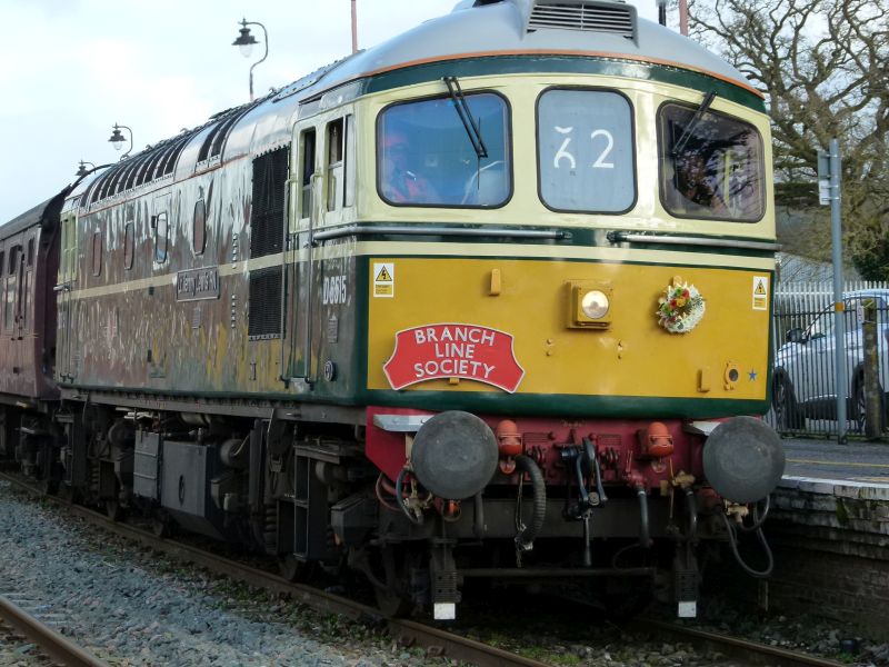 The railtour at Crediton, headed by Class 33 D6515 'Lt Jenny Lewis RN'.