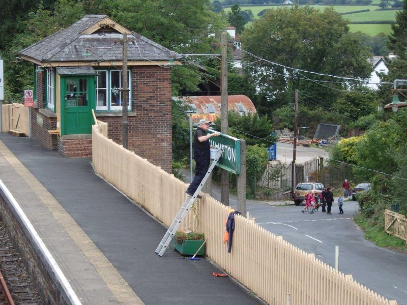 Paul made a start on tidying up the platform 3 running in board. In such an exposed position in the Okehampton climate its woodwork has a tough life.brPhotographer Tom BaxterbrDate taken 02092020