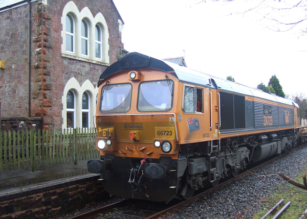 Class 66  66723 'Chinook'  paused briefly at Bow Station on January 28th, having delivered 2,520 concrete sleepers to Okehampton. The train was tailed by DB Cargo classmate 66039, its planned companion having failed before leaving Westbury the previous day. Unusual to see Freightliner and DB Cargo locos on the same working.brPhotographer Dick HenrywoodbrDate taken 28012021