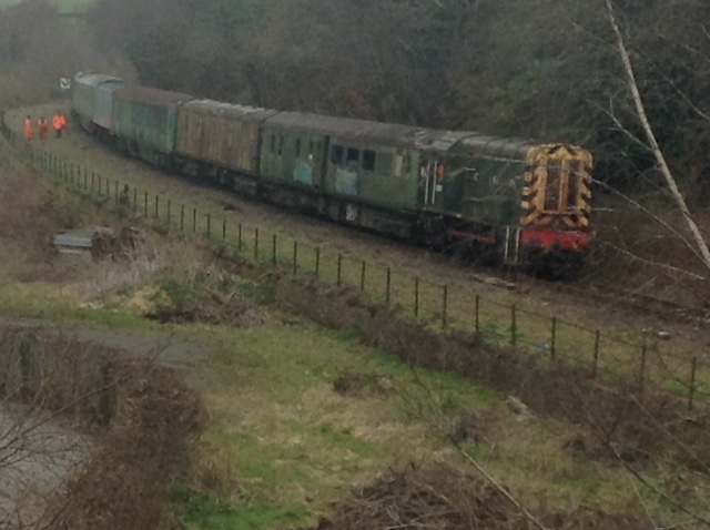 The former long-term contents of the platform 1 siding en route to Meldon behind Aggregate Industry's 08937. RMS's 31452 was on the rear for emergency braking.brPhotographer Tony HillbrDate taken 22032021