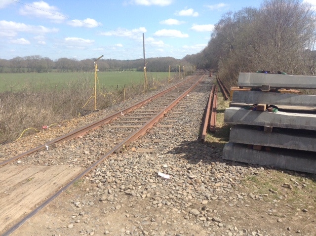 Looking east towards Bow Station, the 60' rails are marked for 'cropping' by a snipping attachment on a Road Rail vehicle into short lengths for scrap.brPhotographer Tony HillbrDate taken 15042021