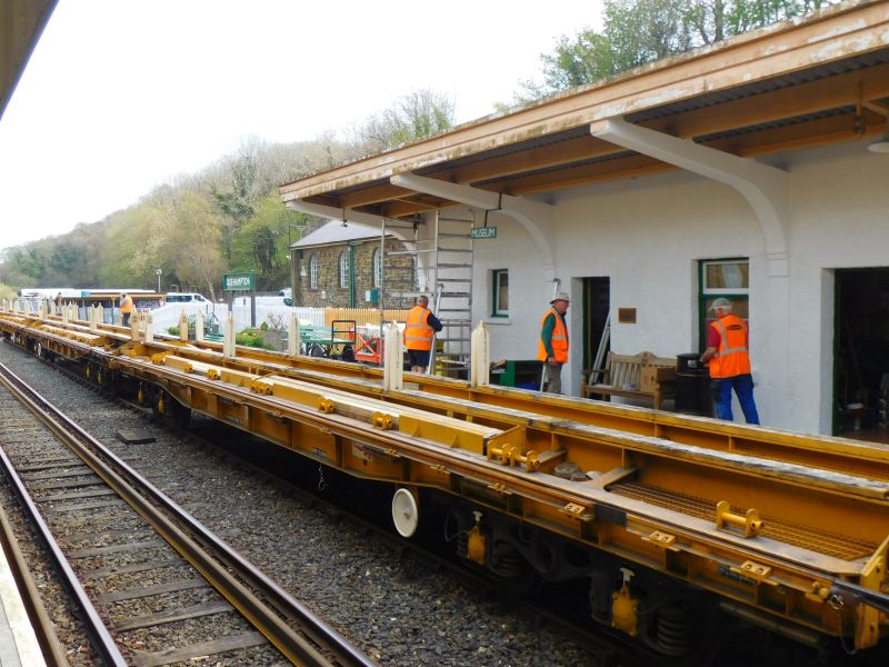 Various volunteer activities taking place on Platform 2. In the foreground, a rake of Network Rail's KRA sleeper carrying wagons.brPhotographer Jon KelseybrDate taken 21042021