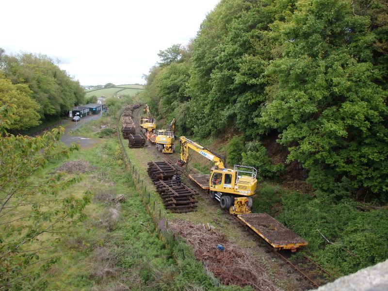Roadrailers unloading scrap track panels at the site of the former military sidings.brPhotographer Tom BaxterbrDate taken 24052021