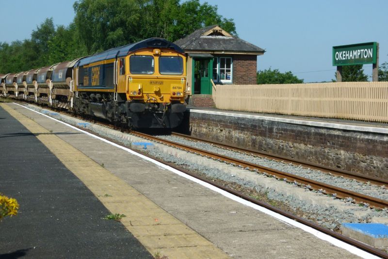Another view of 66784 with the train of autoballasters at Okehampton StationbrPhotographer Dave EllisbrDate taken 21072021