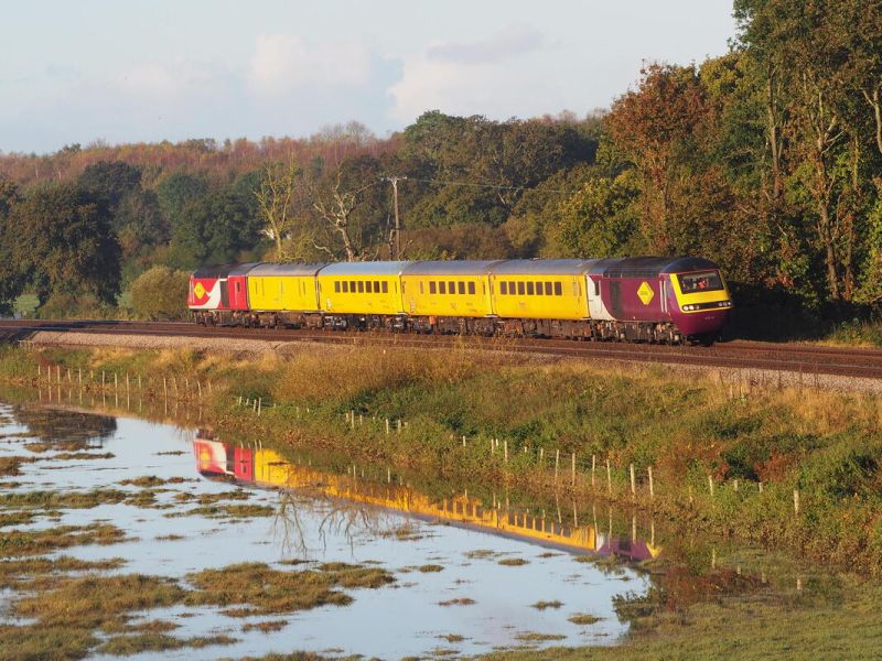 The Colas worked track testing Network Measurement Train with HST power cars 43274 and 43272 forming the 0025 Sat 1Q40 Exeter Riverside to Derby R.T.C via Crediton-Okehampton-Crediton three times.brPhotographer David TozerbrDate taken 30102021