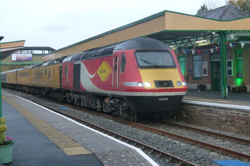 The Network Rail Track Testing Train with ex-LNER, now Colas, HST Power cars 43251 and 43272, at Okehampton briefly around 0800 before departing for Derby.brPhotographer Dave EllisbrDate taken 17112021