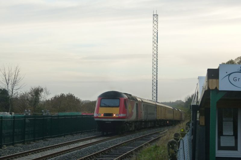 The NR track testing train passing the new GMS-R mast on the way back to DerbybrPhotographer Dave EllisbrDate taken 17112021
