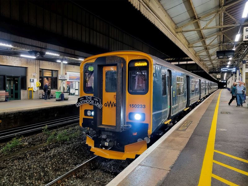 The first public train on reopening day, comprising 150233 and 150221, the 0632 for Okehampton waiting time at Exeter St.DavidsbrPhotographer Alan PetersbrDate taken 20112021