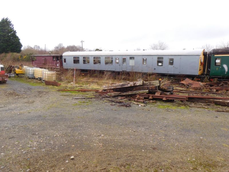 Our stock at Meldon. LMS brakevan 731411, Lab11 looking unfamiliar in primer, and the end of the FK, 13436.brPhotographer Jon KelseybrDate taken 15122021