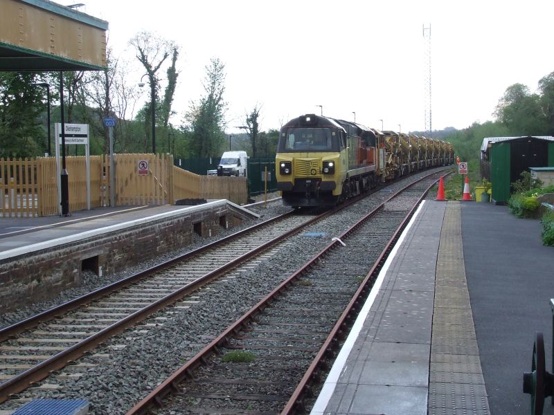 Colas Rail class 70 70803 arriving at Okehampton with the high output ballast cleaner train brPhotographer Dave EllisbrDate taken 25042022