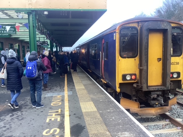 Some of the 75 or so passengers about to board the 1125 train to Exeter CentralbrPhotographer Tony HillbrDate taken 04122022