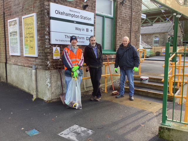 Some of Okehampton Station's unsung heroes. Volunteer wardens - 2 Daves and Geoff - take a break during one of their regular patrols keeping the station looking tidy and cared for.brPhotographer Tony HillbrDate taken 21122022