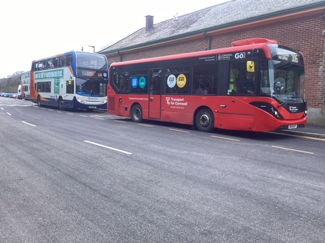 The three buses lined up shortly before departure are the 1025 to Launceston, 1030 to Exeter via Whiddon Down and Tedburn and 1025 to BudebrPhotographer A visitor to OkehamptonbrDate taken 06032023