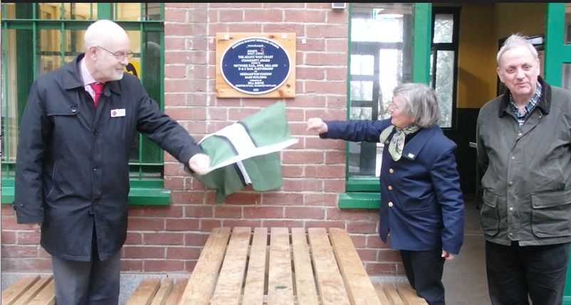 Andy Savage NRHA chair and Railway Heritage Trust trustee, Sue Baxter DRA chair and Richard Burningham Devon  Cornwall Rail Partnership manager at the moment of unveiling.brPhotographer Tom BaxterbrDate taken 28032024