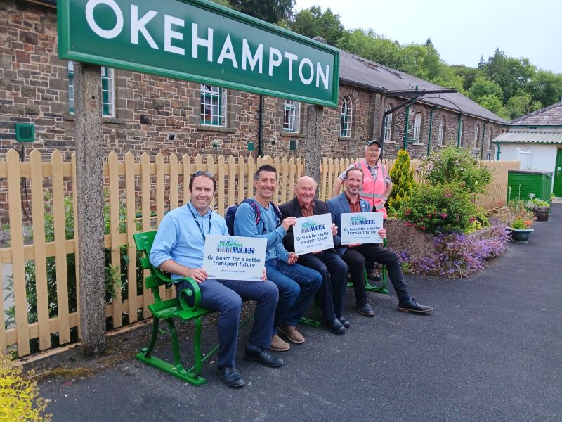 Matt Barnes South West Development Manager, Gary Shipp from GWR Community Transport, Councillor Dr Michael Ireland of Okerail, Michael Williams from the Campaign for Better Transport, and DRA's Tom Baxter, on platform 2.brPhotographer Sue BaxterbrDate taken 18062026