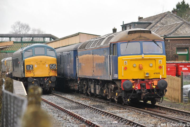 Scene at Okehampton, 47828 and, just visible, 33035 with the next departure, and 45060 'Sherwood Forester' in platform 2.