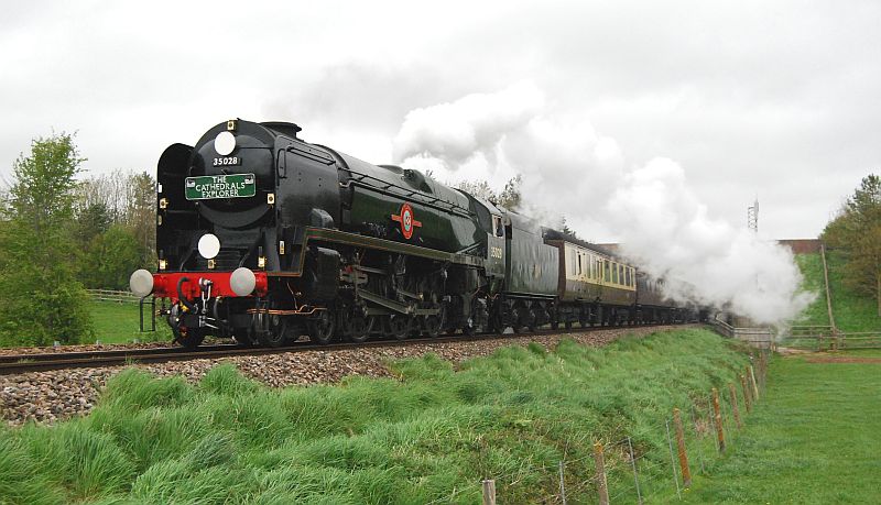 SR Merchant Navy no 35028 'Clan Line' at Axminster with 1Z90 11.28 London Victoria to Exeter St Davids 