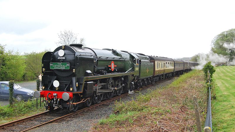 SR Merchant Navy no 35028 'Clan Line' arriving at Okehampton with 1Z30 08.13 Exeter St Davids to Cardiff Central via Okehampton