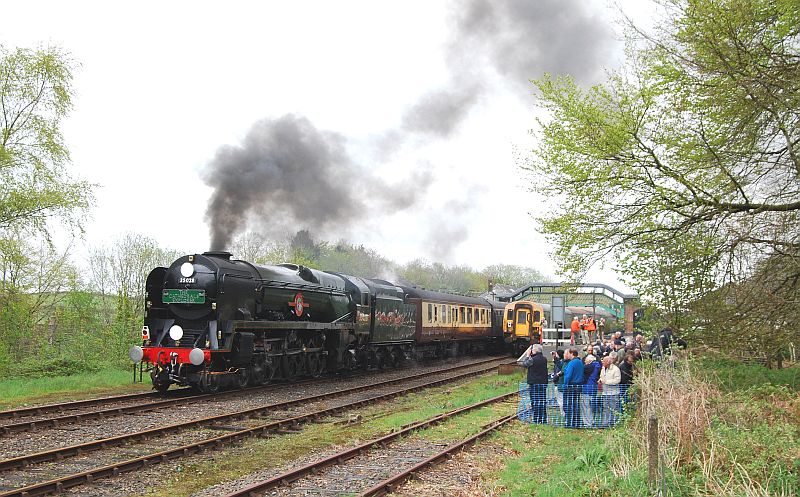 SR Merchant Navy no 35028 'Clan Line' with 66132 on front waiting to leave Okehampton with 1Z30 08.13 Exeter St Davids to Cardiff Central 