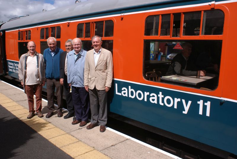Gerald Smallacombe (2nd from right) with former local railwaymen (l to r) Terry Midgley, Leonard Phare, Les Glidden, and Richard Westlake on the occasion or the reopening of the Arthur Westlake Museum on Okehampton Station.