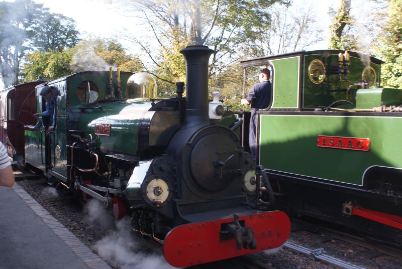 At the Lynton & Barnstaple Railway's Autumn Steam Gala - the Festiniog Railway's 1893 Hunslet 2-4-0 'Blanche' arrives at Woody Bay with a passenger service alongside 1953 Bagnall 0-4-2T 'Isaac'.