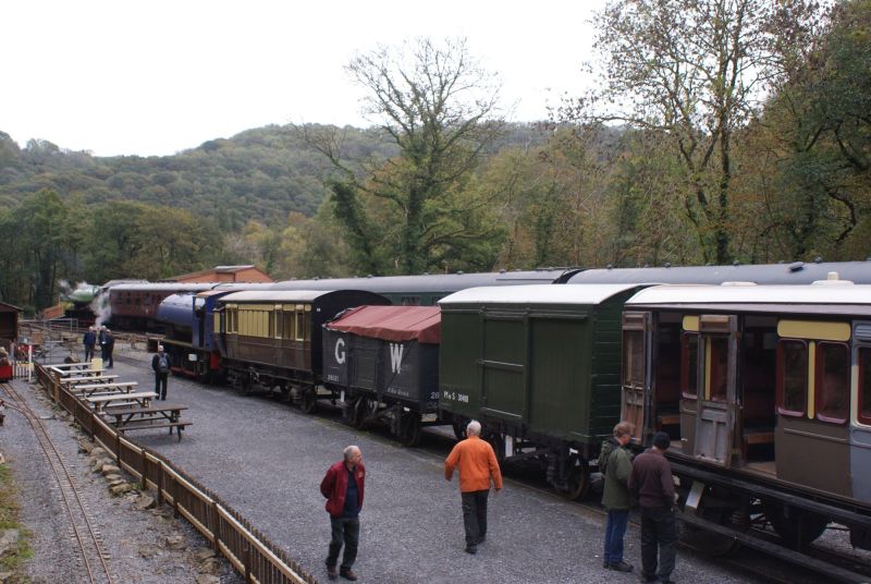 Line-up at Llwyfan Cerrig on the Gwili Railway with 1955 Hunslet 0-6-0ST no 3829, 1891 Taff Vale coach 220, GW open wagon 28021, 1940 MoS goods van, 1888 GWR carriage 216, 