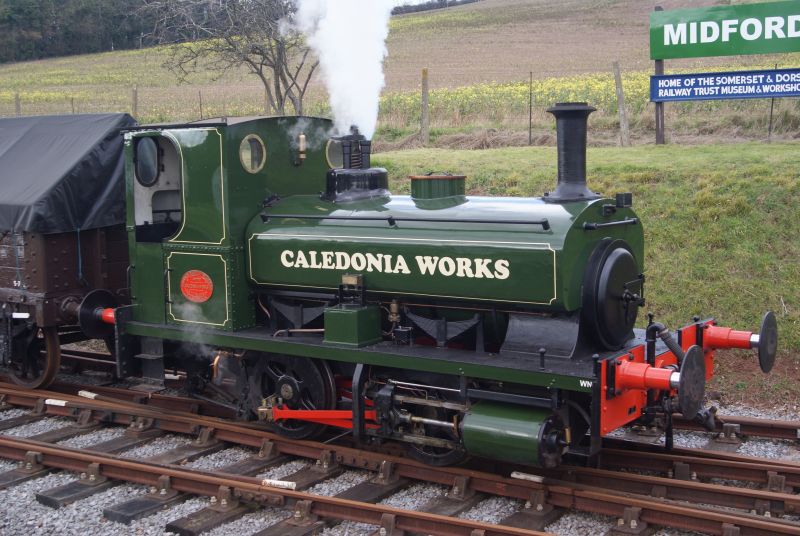 1910 built Barclay 0-4-0ST no 1219. It's at Washford, whatever the sign says. Caledonia Works was the name of the Andrew Barclay factory at Kilmarnock, and 1219 was originally their yard shunter.brPhotographer Jon Kelsey